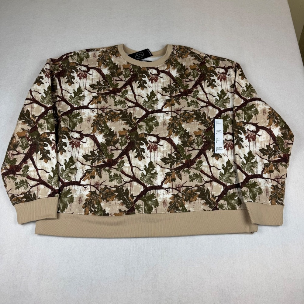 Original Use Mens Oak Leaf Camo Fleece Sweatshirt Tan Green Crew Neck Large L